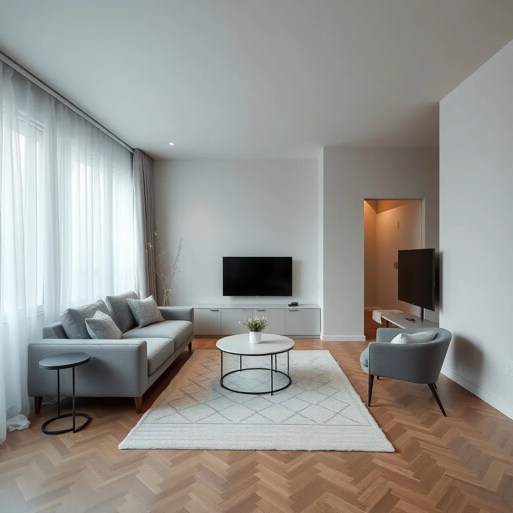 Modern minimalist apartment interior in Debrecen, grey texti