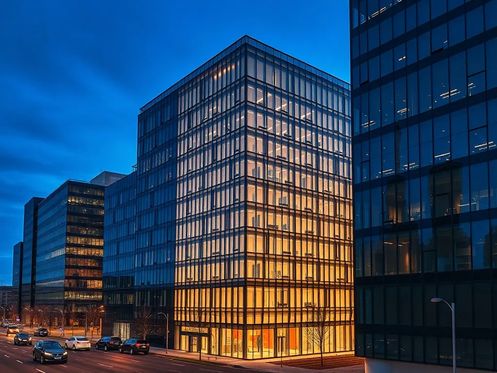 Modern office district in Debrecen, glass facades, evening b
