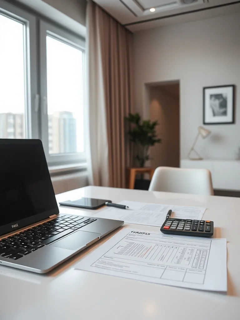 Professional office interior with tax documents, laptop, and